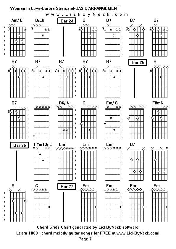 Chord Grids Chart of chord melody fingerstyle guitar song-Woman In Love-Barbra Streisand-BASIC ARRANGEMENT,generated by LickByNeck software.